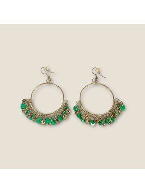 Gold-Tone Hoop Earrings With Green & Gold Dangling Beads Bohemian Style